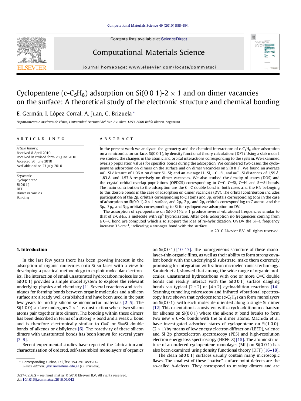 Cyclopentene (c-C5H8) adsorption on Si(0 0 1)-2 × 1 and on dimer vacancies on the surface: A theoretical study of the electronic structure and chemical bonding