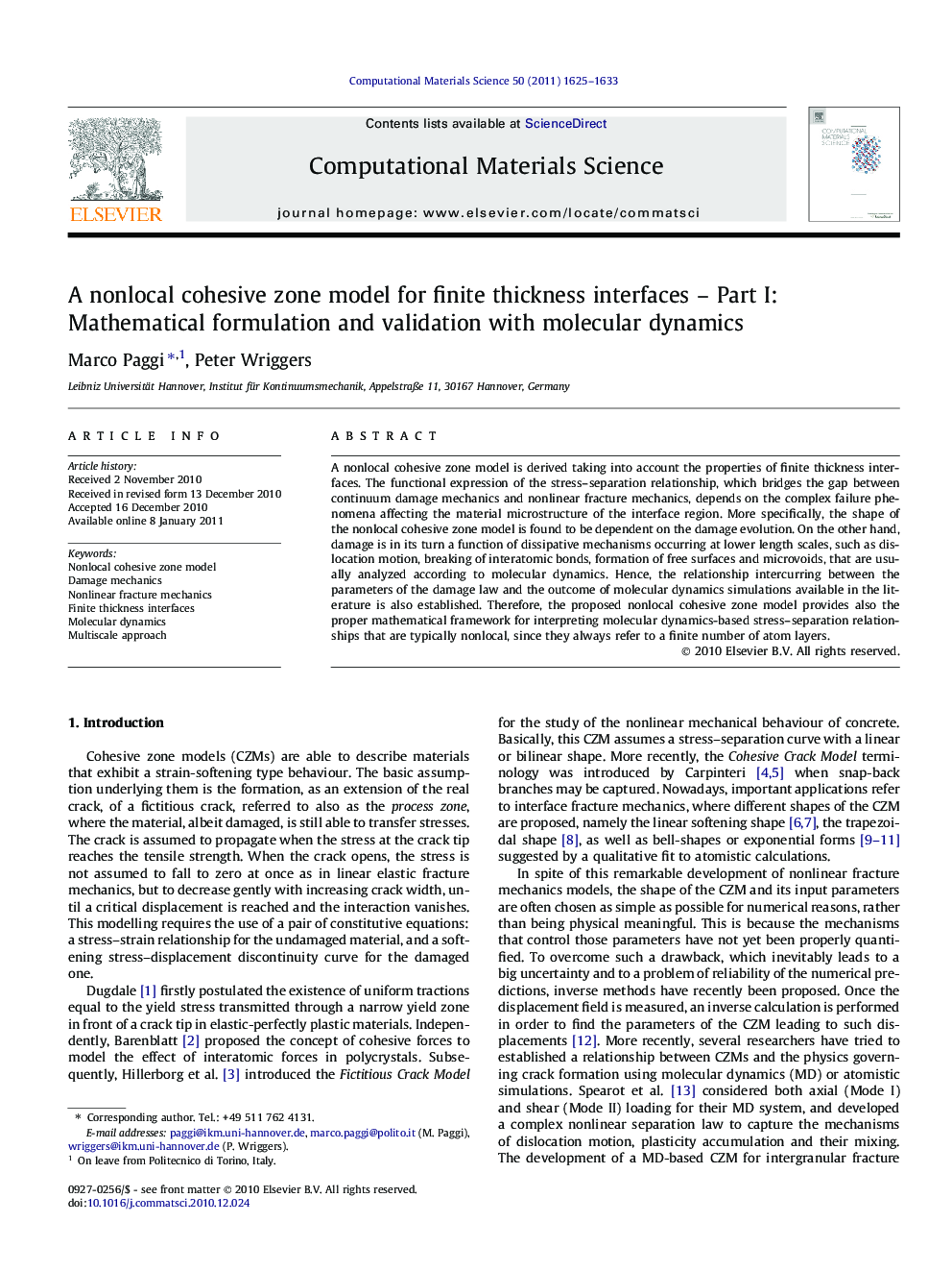 A nonlocal cohesive zone model for finite thickness interfaces – Part I: Mathematical formulation and validation with molecular dynamics