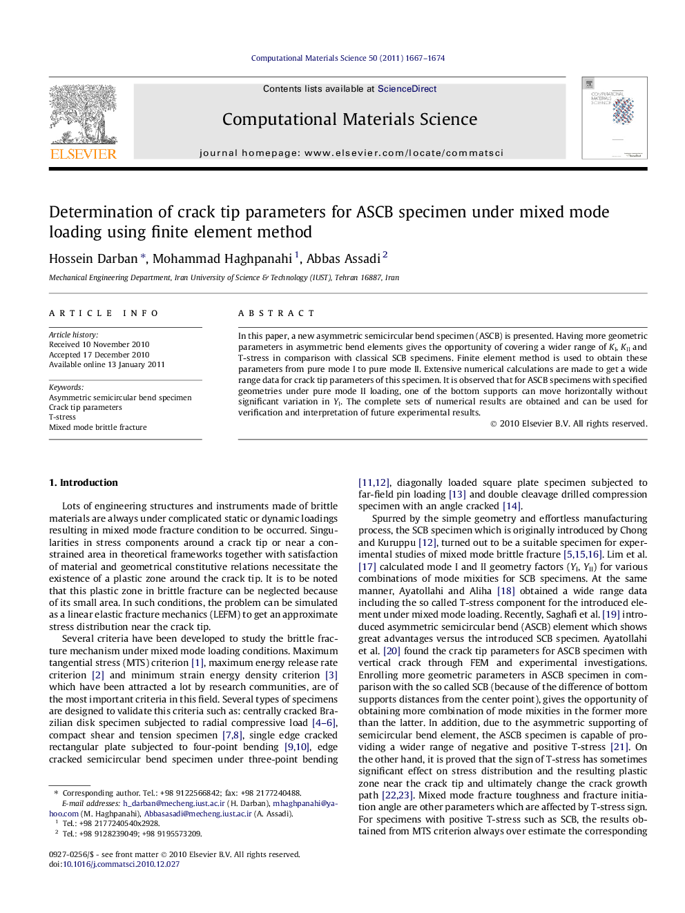 Determination of crack tip parameters for ASCB specimen under mixed mode loading using finite element method