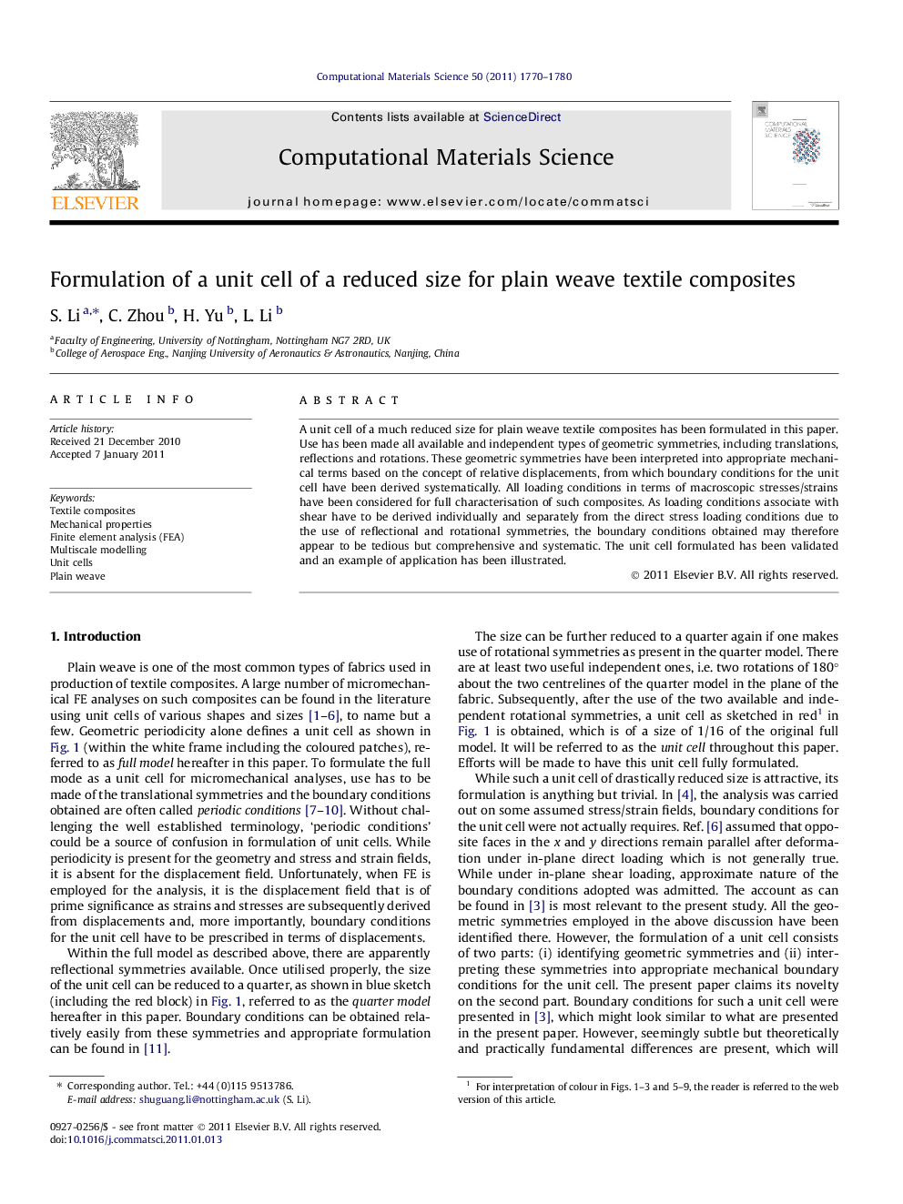 Formulation of a unit cell of a reduced size for plain weave textile composites