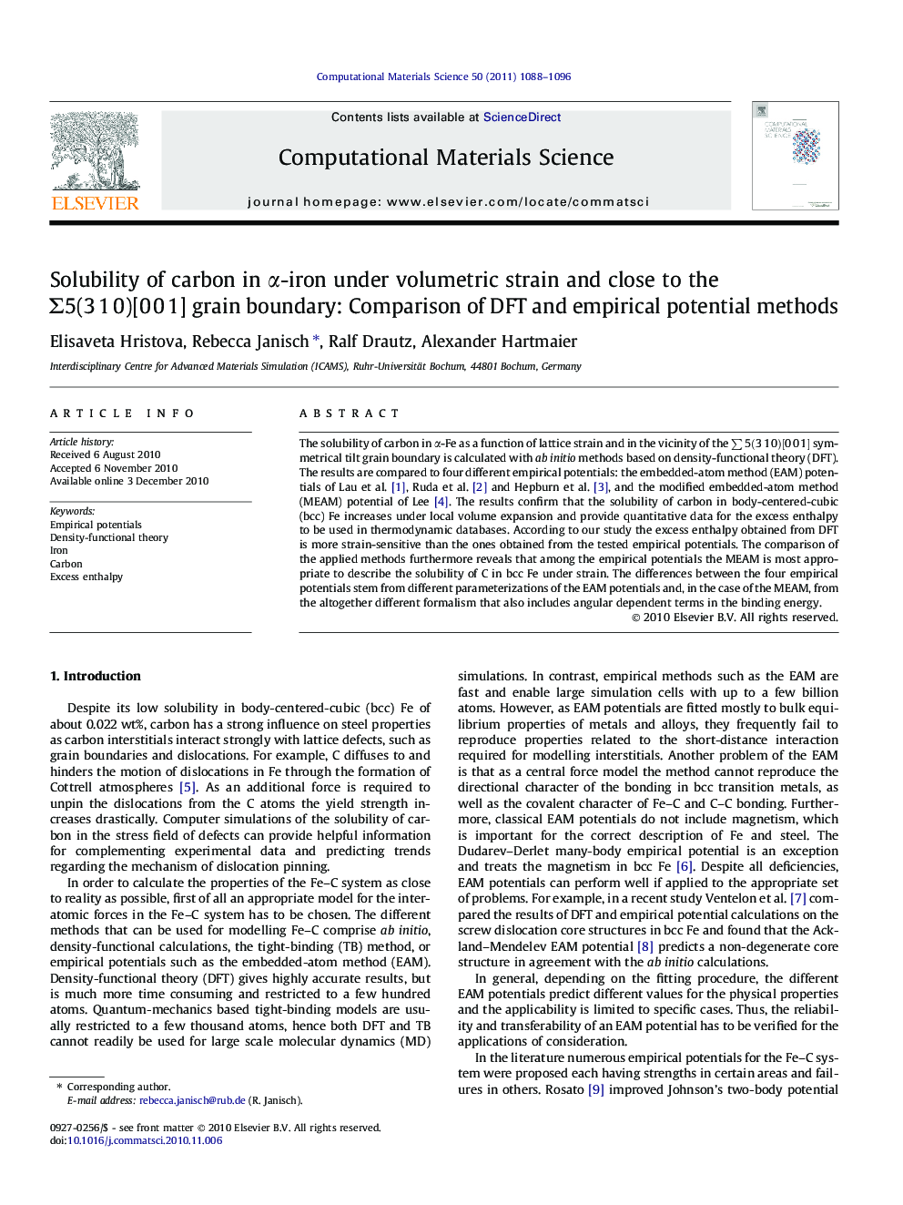 Solubility of carbon in Î±-iron under volumetric strain and close to the Î£5(3Â 1Â 0)[0Â 0Â 1] grain boundary: Comparison of DFT and empirical potential methods