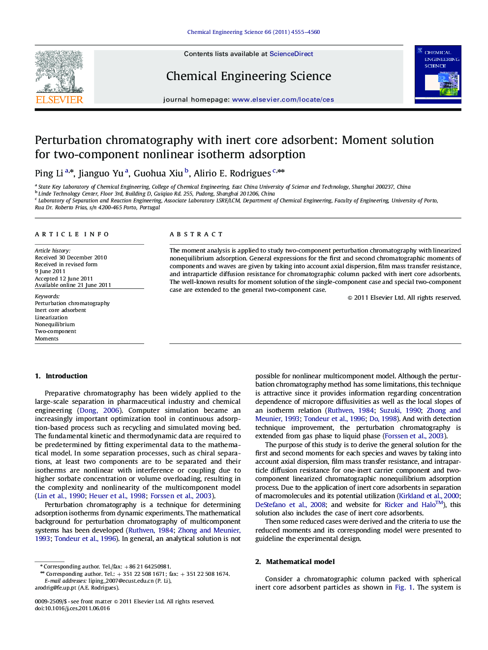 Perturbation chromatography with inert core adsorbent: Moment solution for two-component nonlinear isotherm adsorption