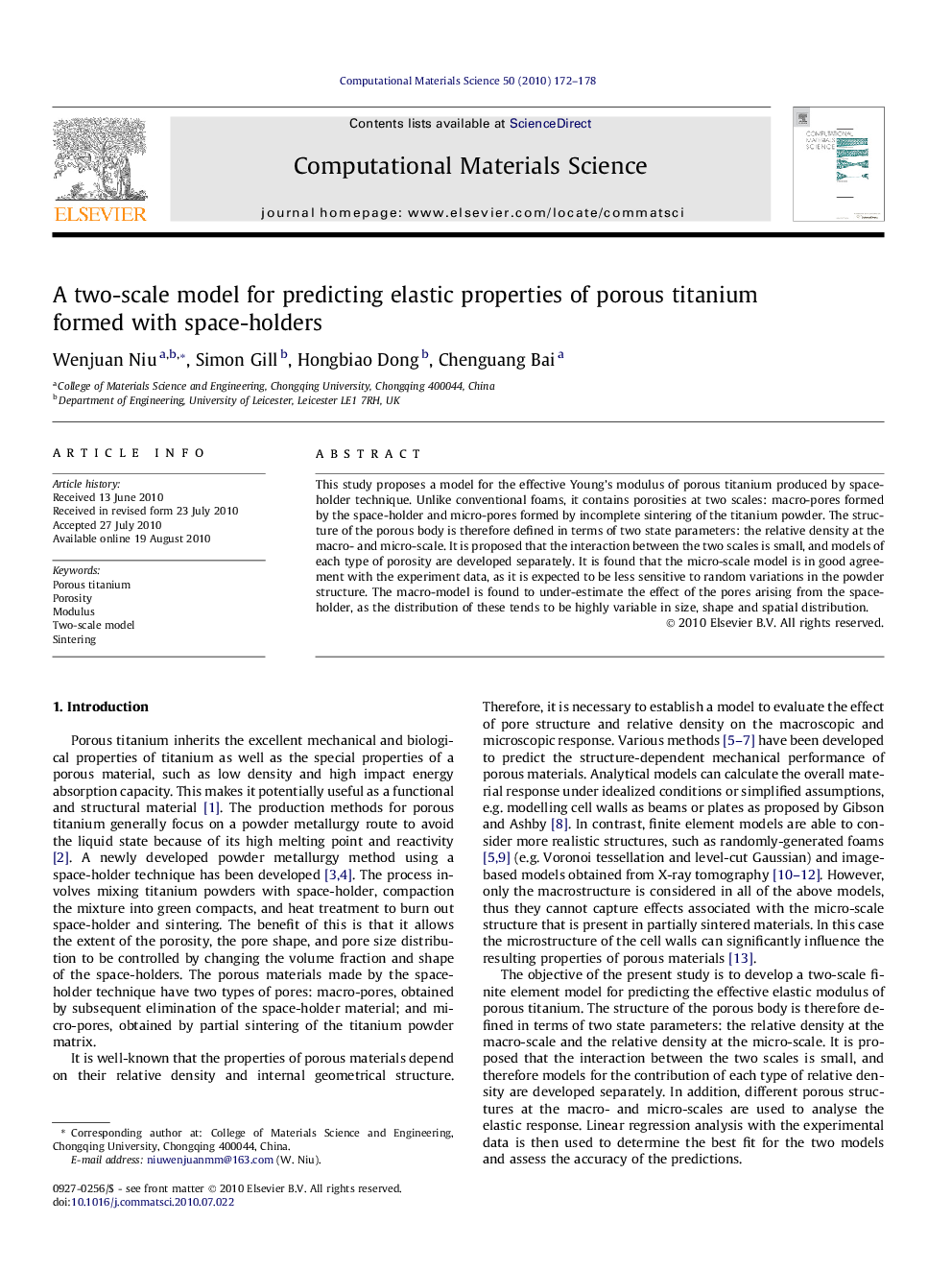 A two-scale model for predicting elastic properties of porous titanium formed with space-holders