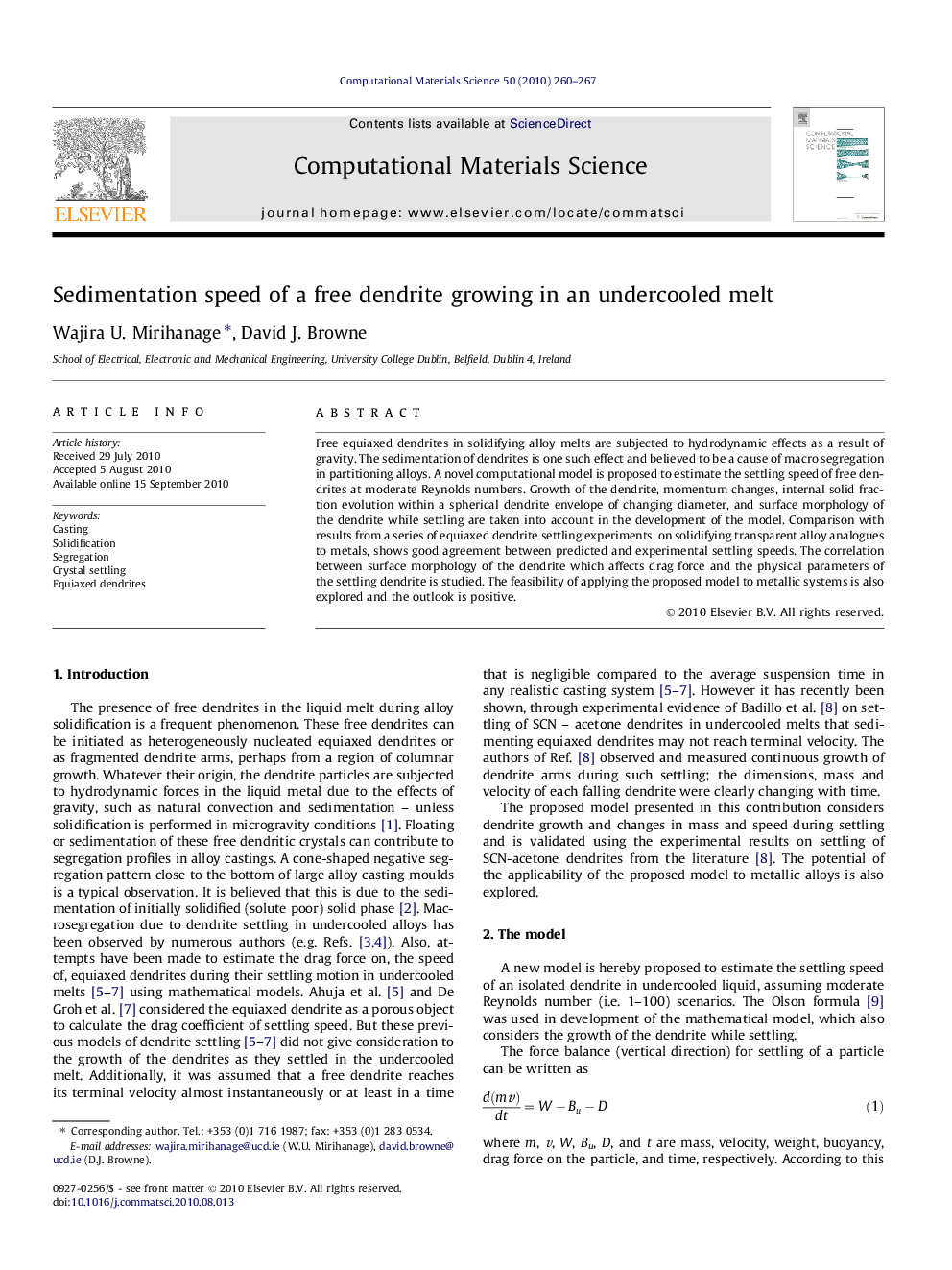 Sedimentation speed of a free dendrite growing in an undercooled melt