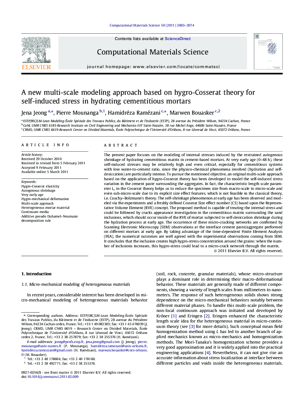 A new multi-scale modeling approach based on hygro-Cosserat theory for self-induced stress in hydrating cementitious mortars