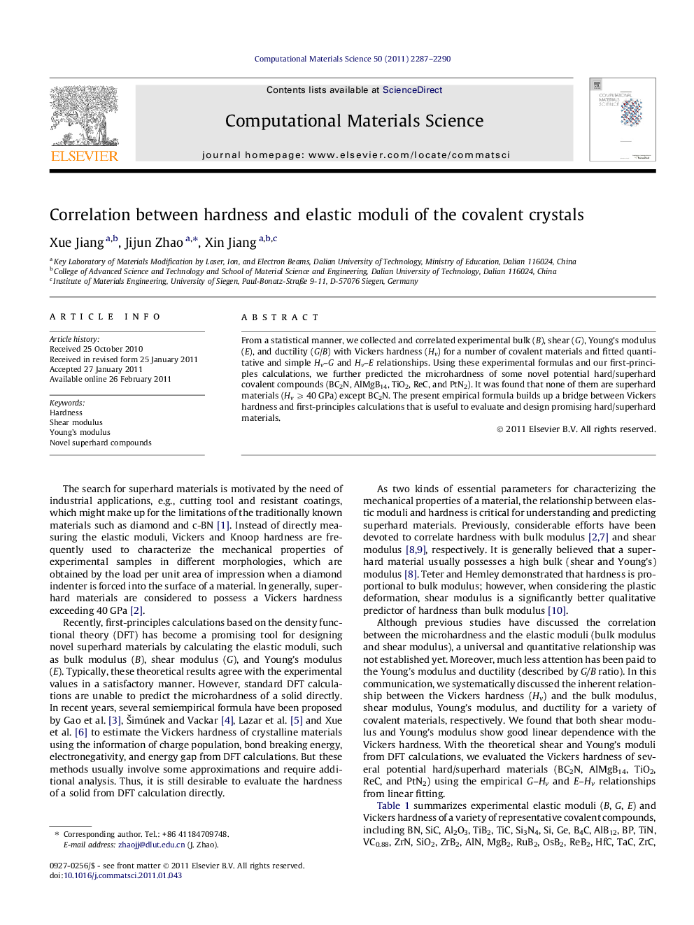 Correlation between hardness and elastic moduli of the covalent crystals