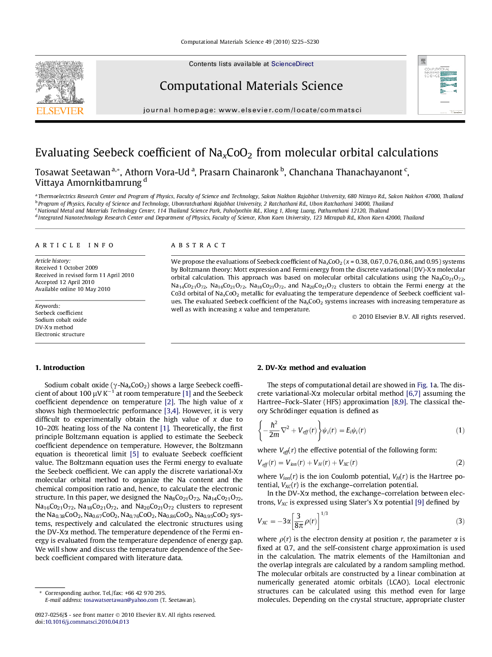 Evaluating Seebeck coefficient of NaxCoO2 from molecular orbital calculations