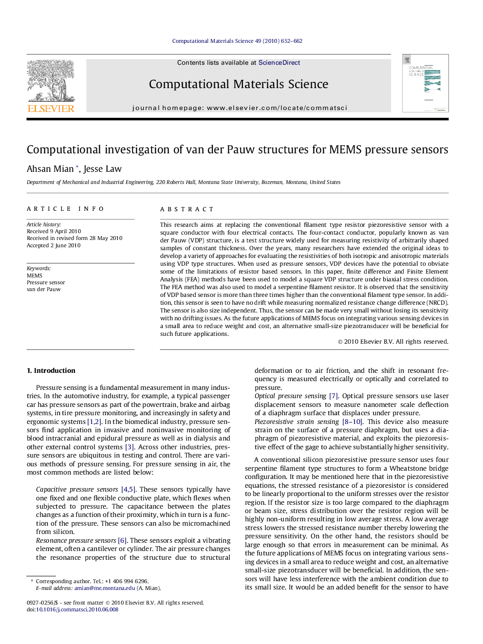 Computational investigation of van der Pauw structures for MEMS pressure sensors