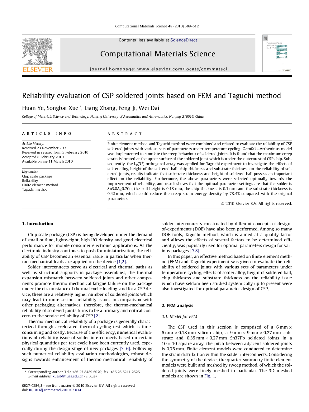 Reliability evaluation of CSP soldered joints based on FEM and Taguchi method