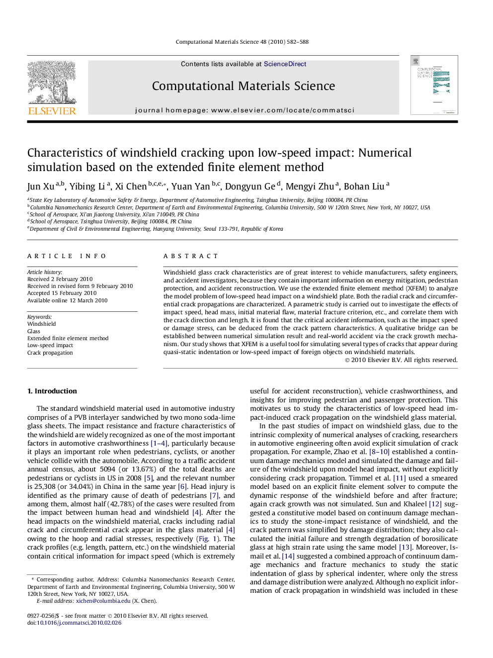 Characteristics of windshield cracking upon low-speed impact: Numerical simulation based on the extended finite element method