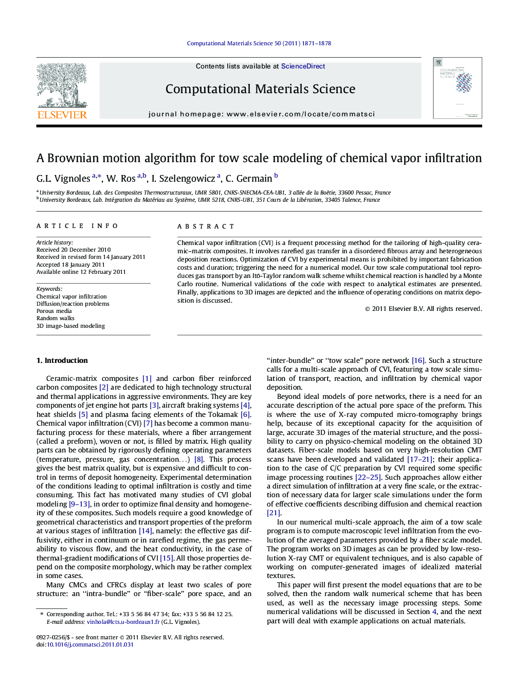 A Brownian motion algorithm for tow scale modeling of chemical vapor infiltration