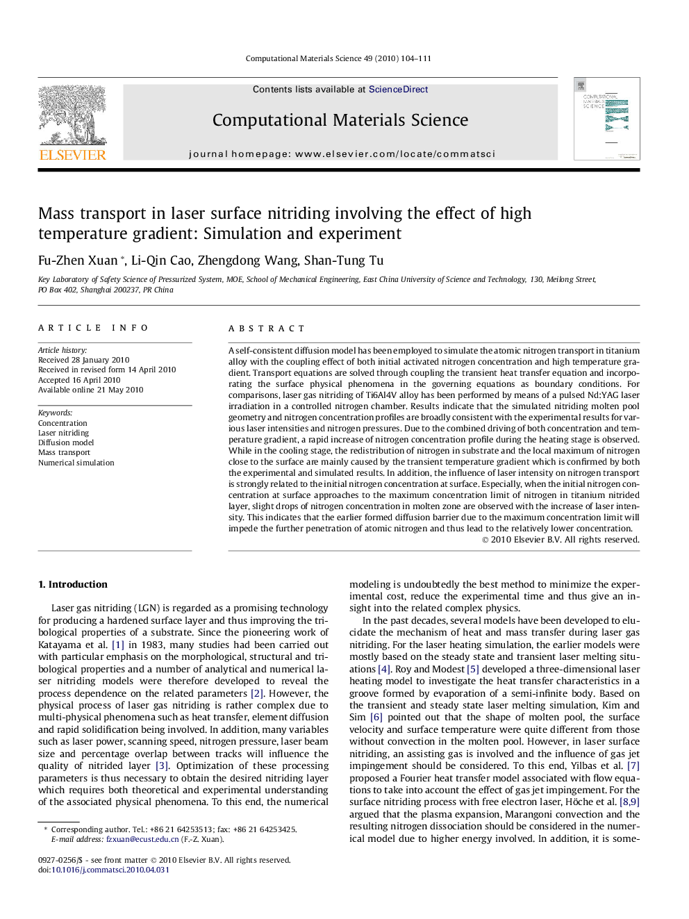 Mass transport in laser surface nitriding involving the effect of high temperature gradient: Simulation and experiment