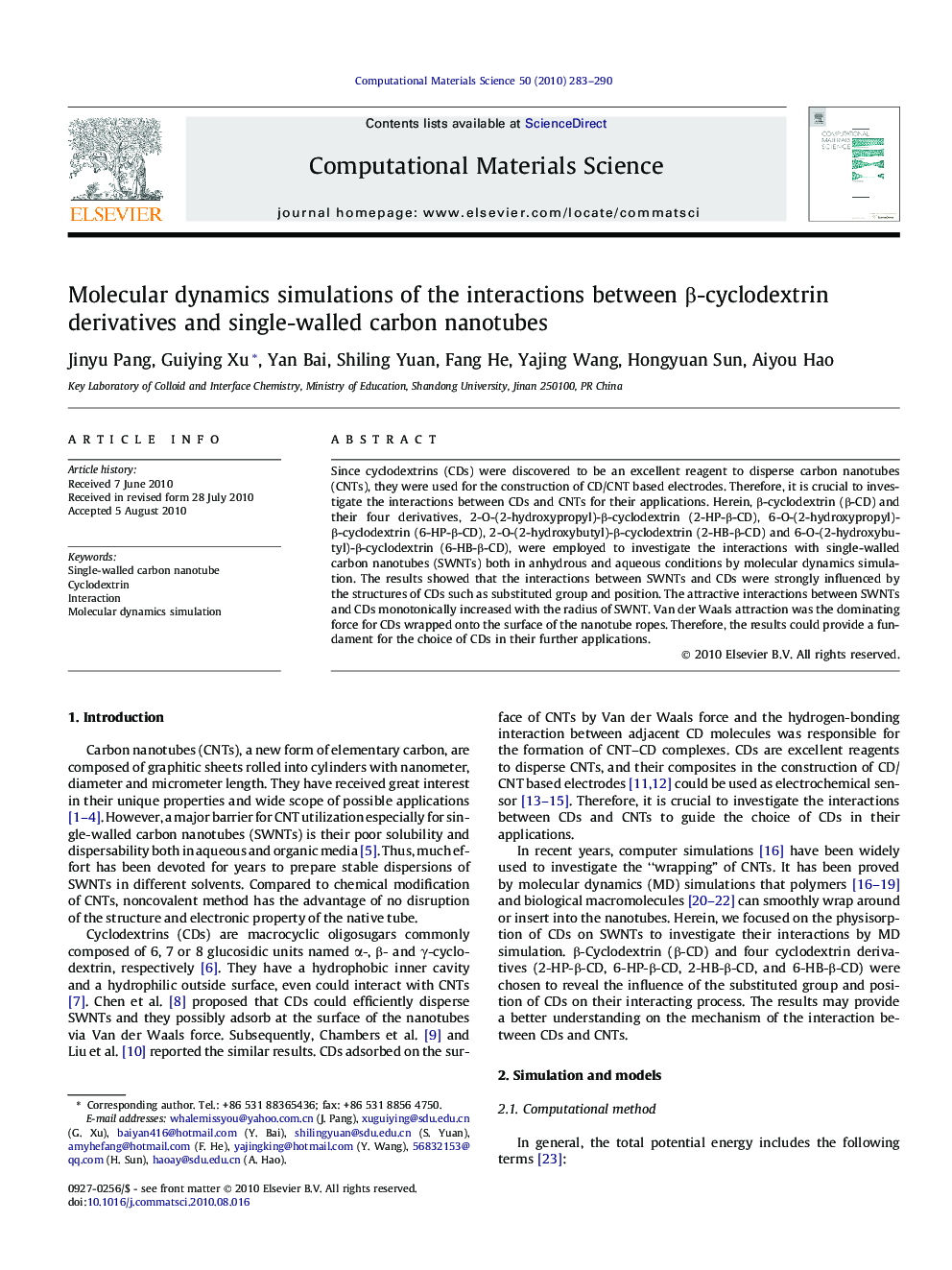 Molecular dynamics simulations of the interactions between Î²-cyclodextrin derivatives and single-walled carbon nanotubes