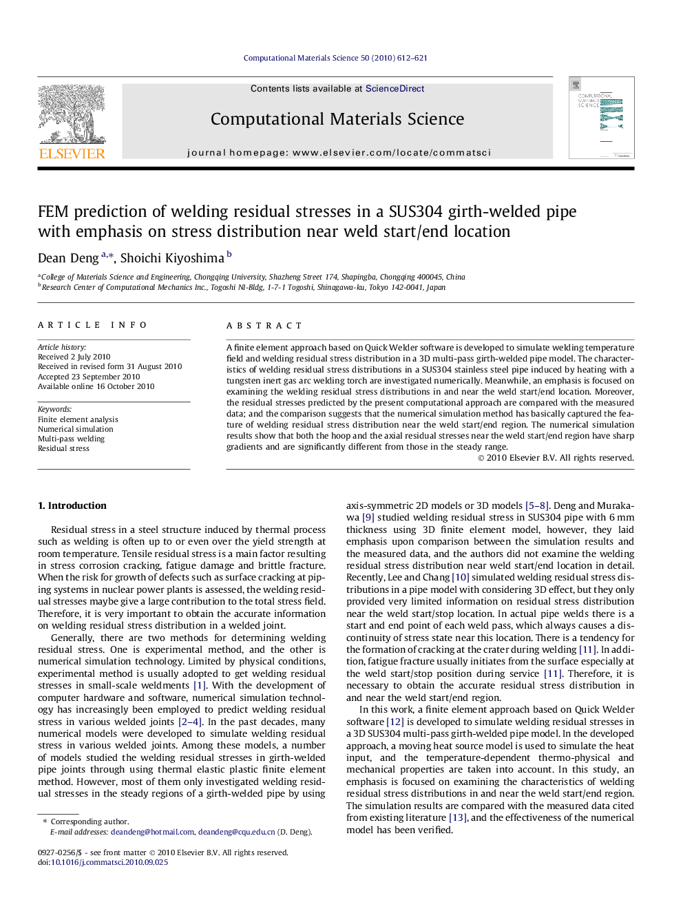 FEM prediction of welding residual stresses in a SUS304 girth-welded pipe with emphasis on stress distribution near weld start/end location