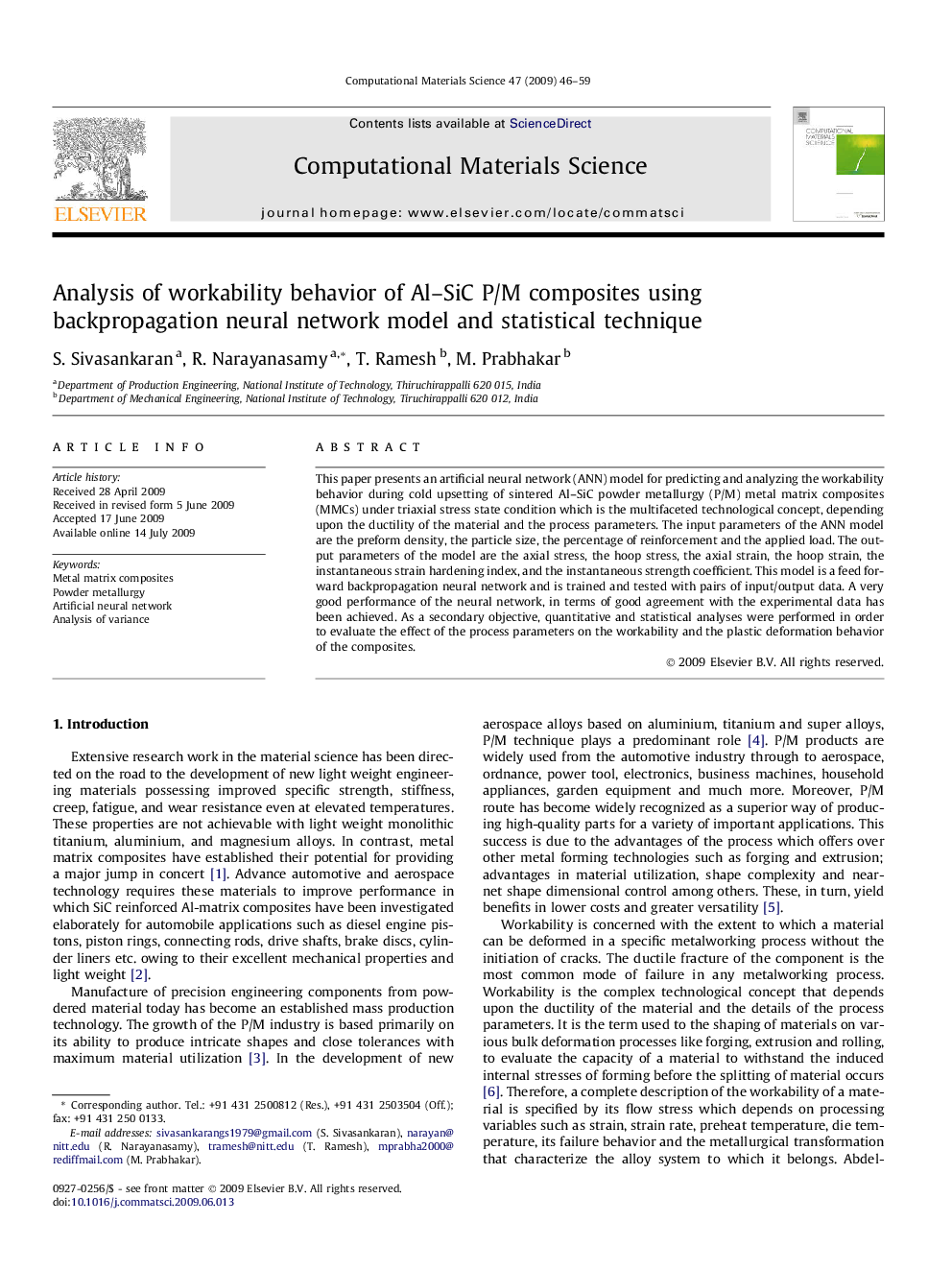 Analysis of workability behavior of Al–SiC P/M composites using backpropagation neural network model and statistical technique