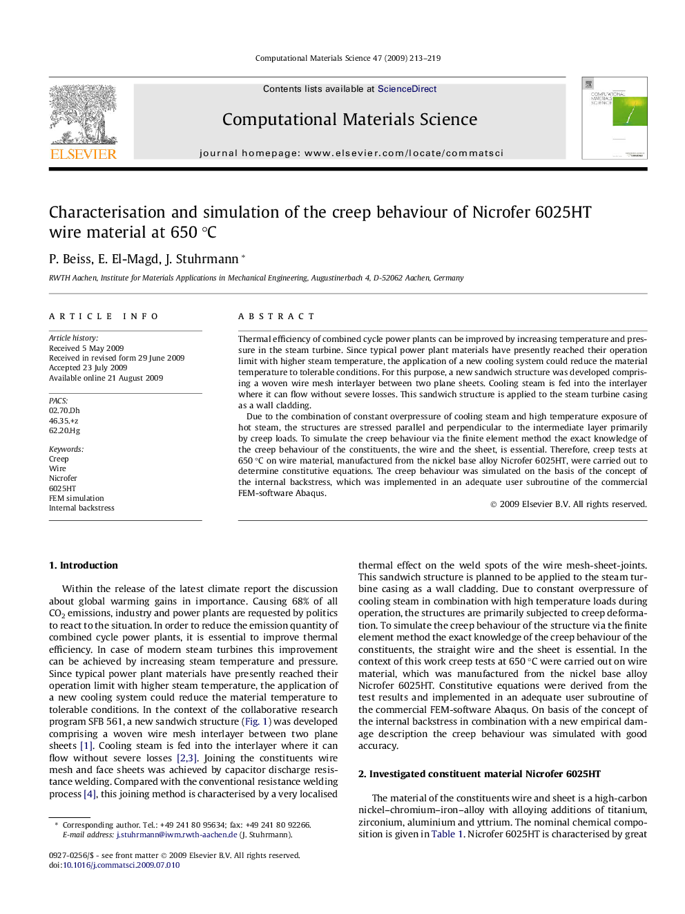 Characterisation and simulation of the creep behaviour of Nicrofer 6025HT wire material at 650 °C