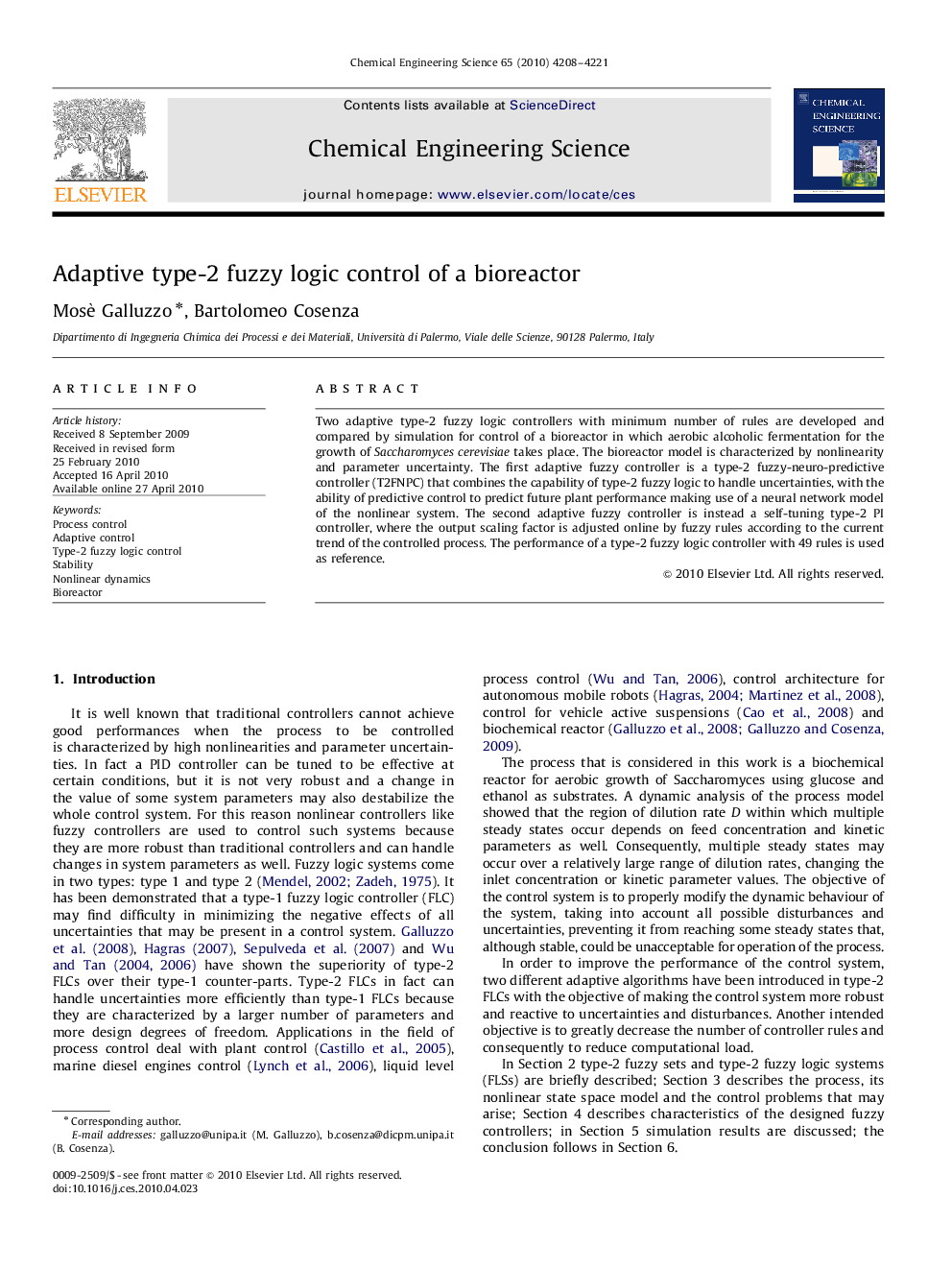 Adaptive type-2 fuzzy logic control of a bioreactor