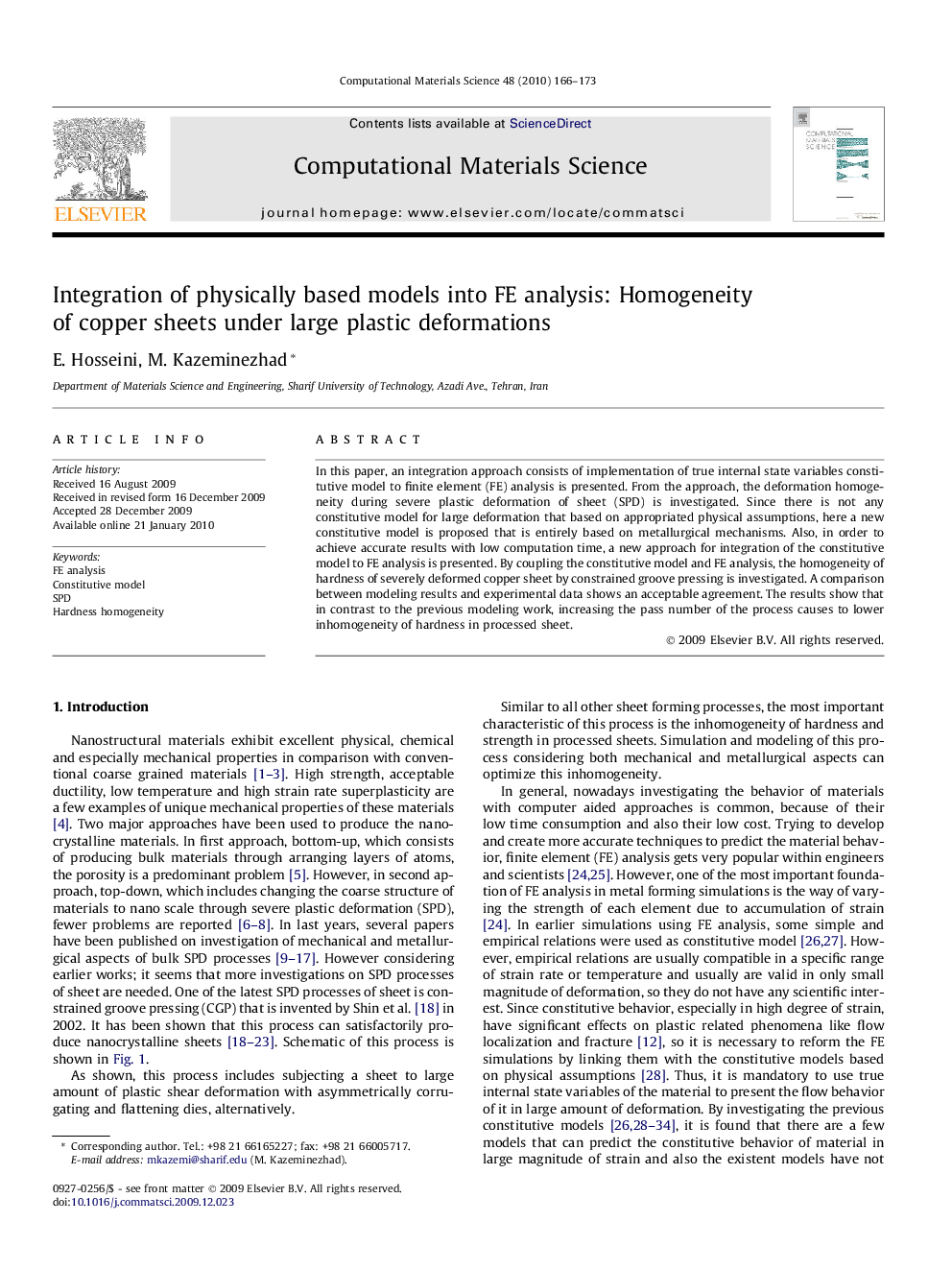 Integration of physically based models into FE analysis: Homogeneity of copper sheets under large plastic deformations