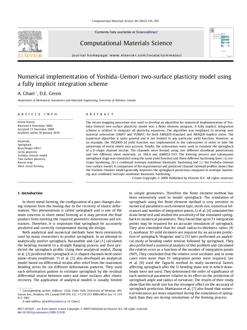 Numerical implementation of Yoshida-Uemori two-surface plasticity model using a fully implicit integration scheme