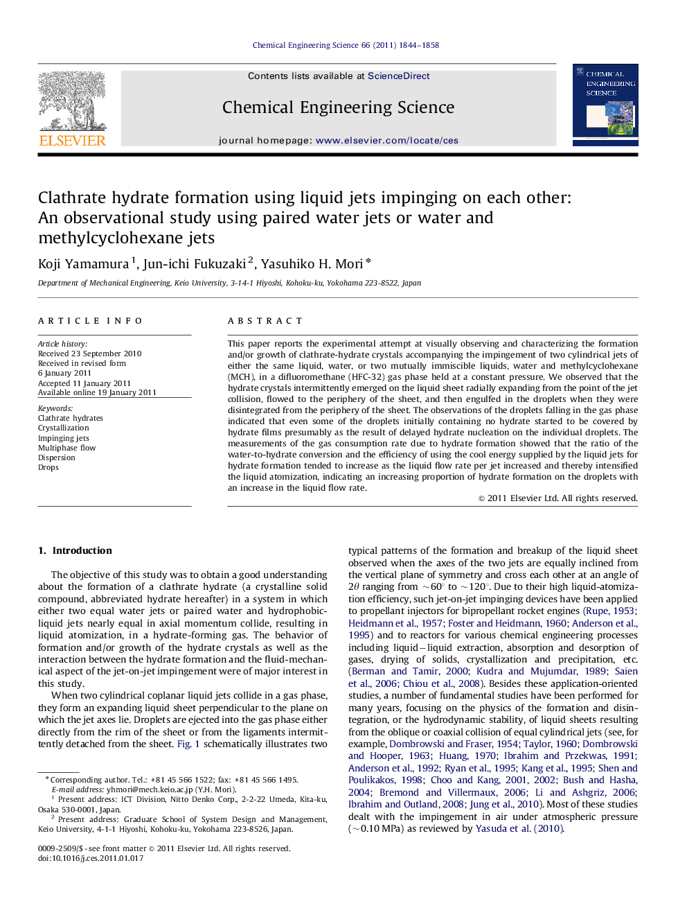 Clathrate hydrate formation using liquid jets impinging on each other: An observational study using paired water jets or water and methylcyclohexane jets