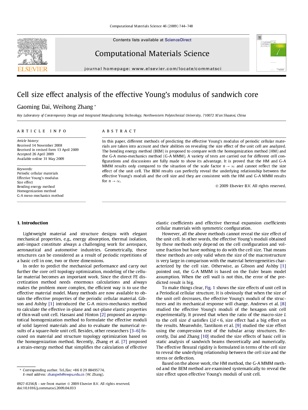 Cell size effect analysis of the effective Young's modulus of sandwich core