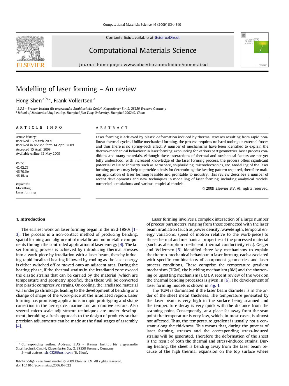 Modelling of laser forming – An review