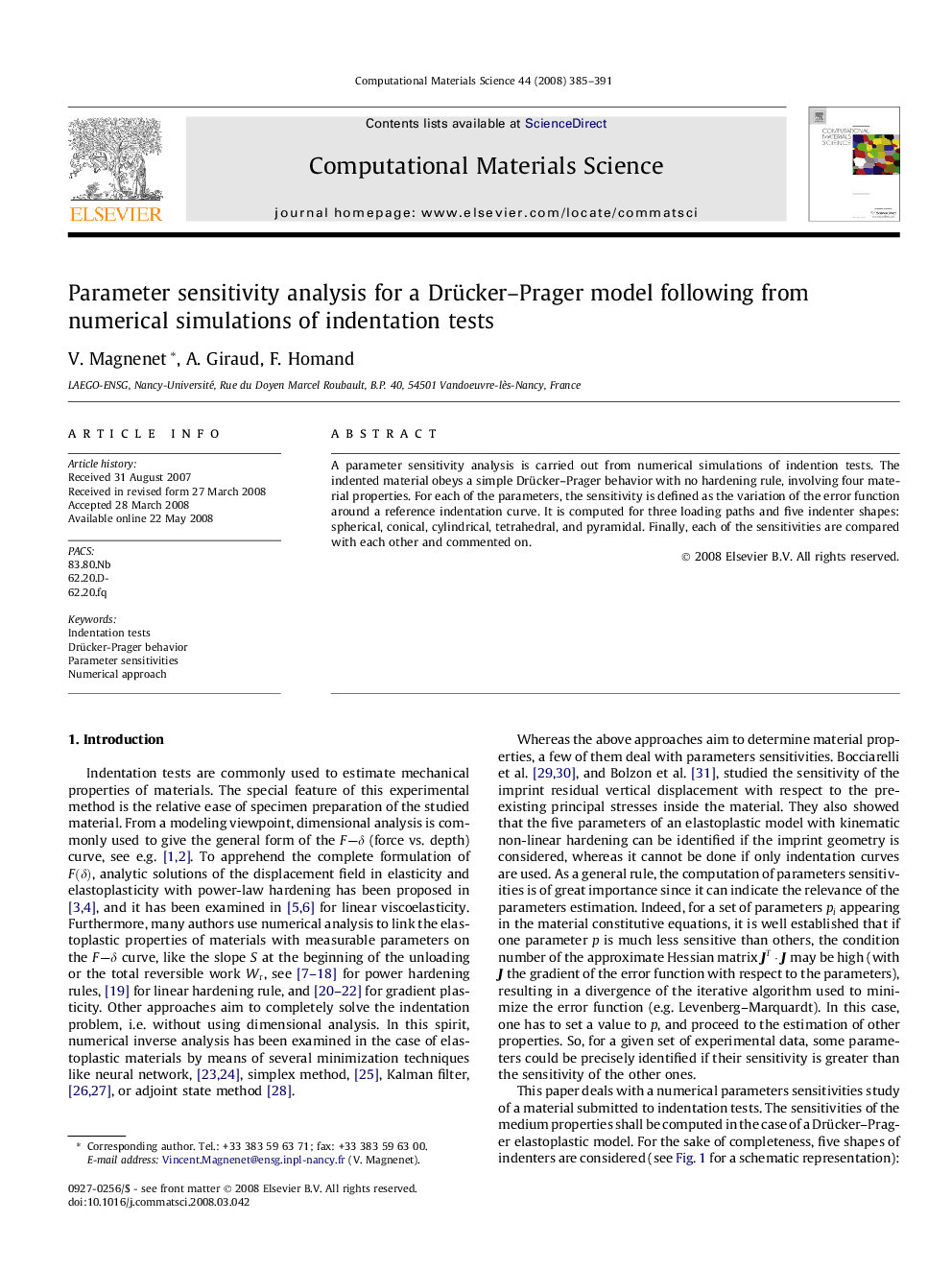 Parameter sensitivity analysis for a Drücker-Prager model following from numerical simulations of indentation tests