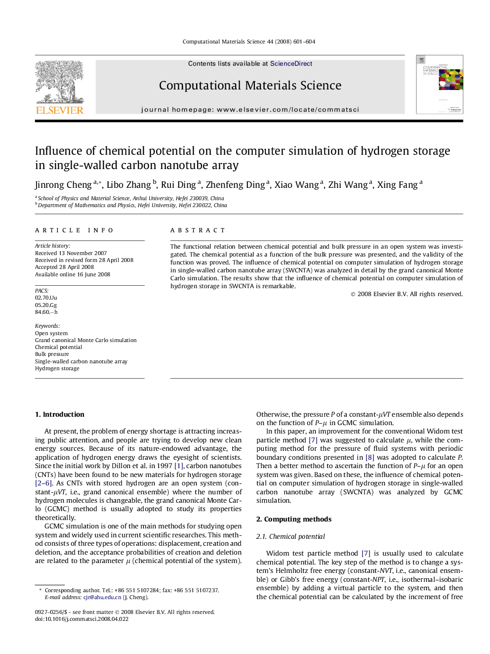 Influence of chemical potential on the computer simulation of hydrogen storage in single-walled carbon nanotube array