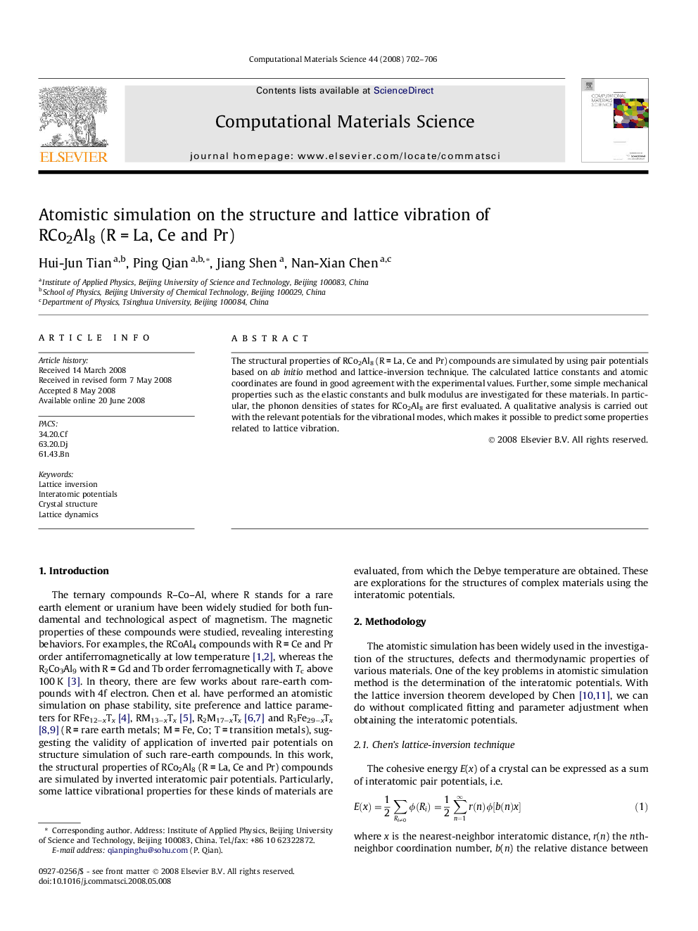 Atomistic simulation on the structure and lattice vibration of RCo2Al8 (RÂ =Â La, Ce and Pr)