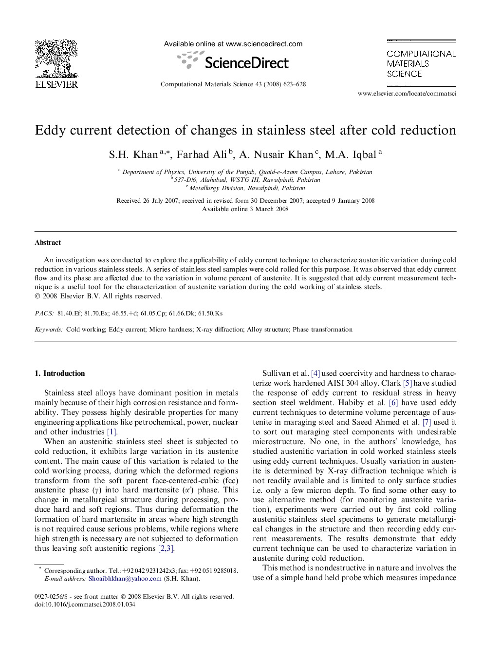 Eddy current detection of changes in stainless steel after cold reduction