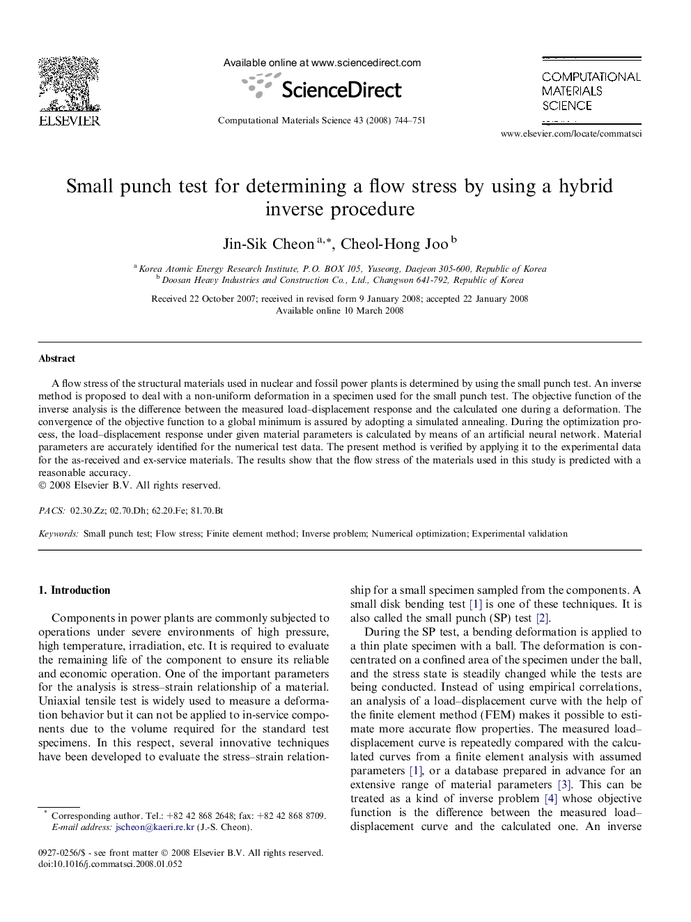 Small punch test for determining a flow stress by using a hybrid inverse procedure