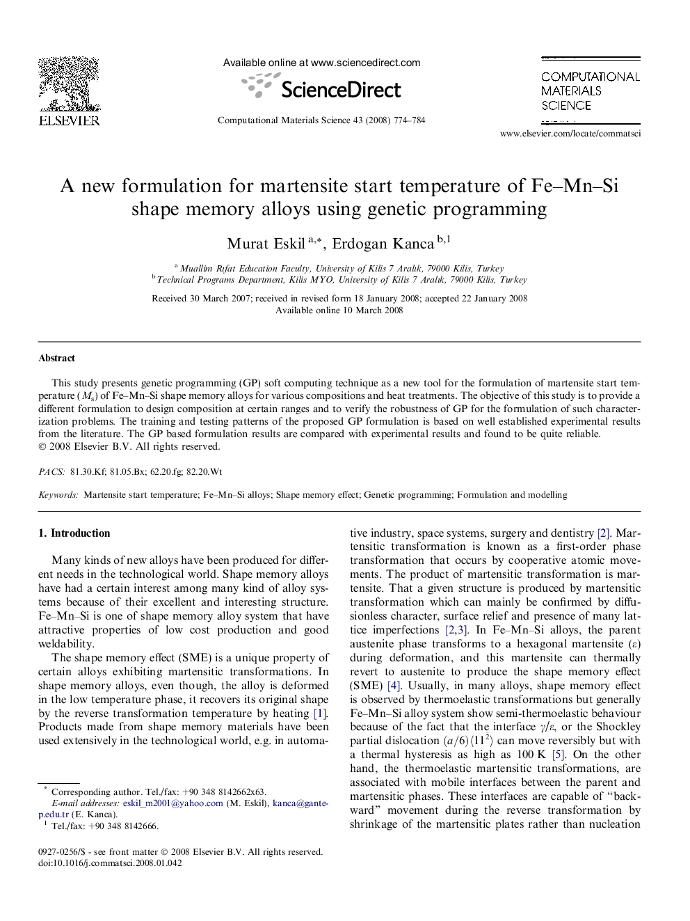 A new formulation for martensite start temperature of Fe–Mn–Si shape memory alloys using genetic programming