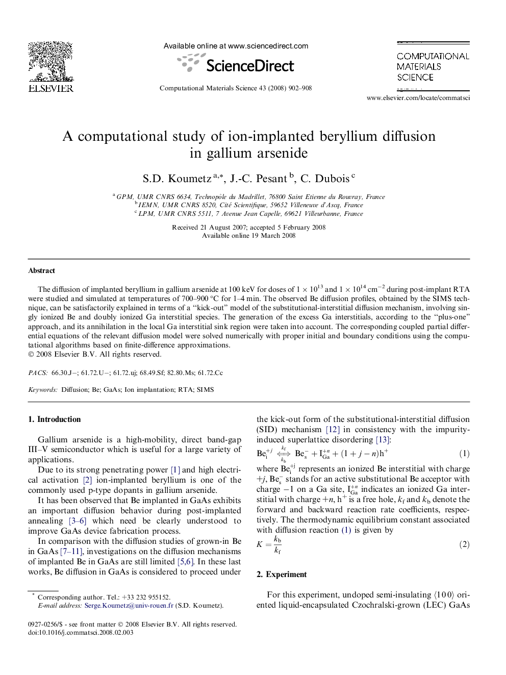 A computational study of ion-implanted beryllium diffusion in gallium arsenide