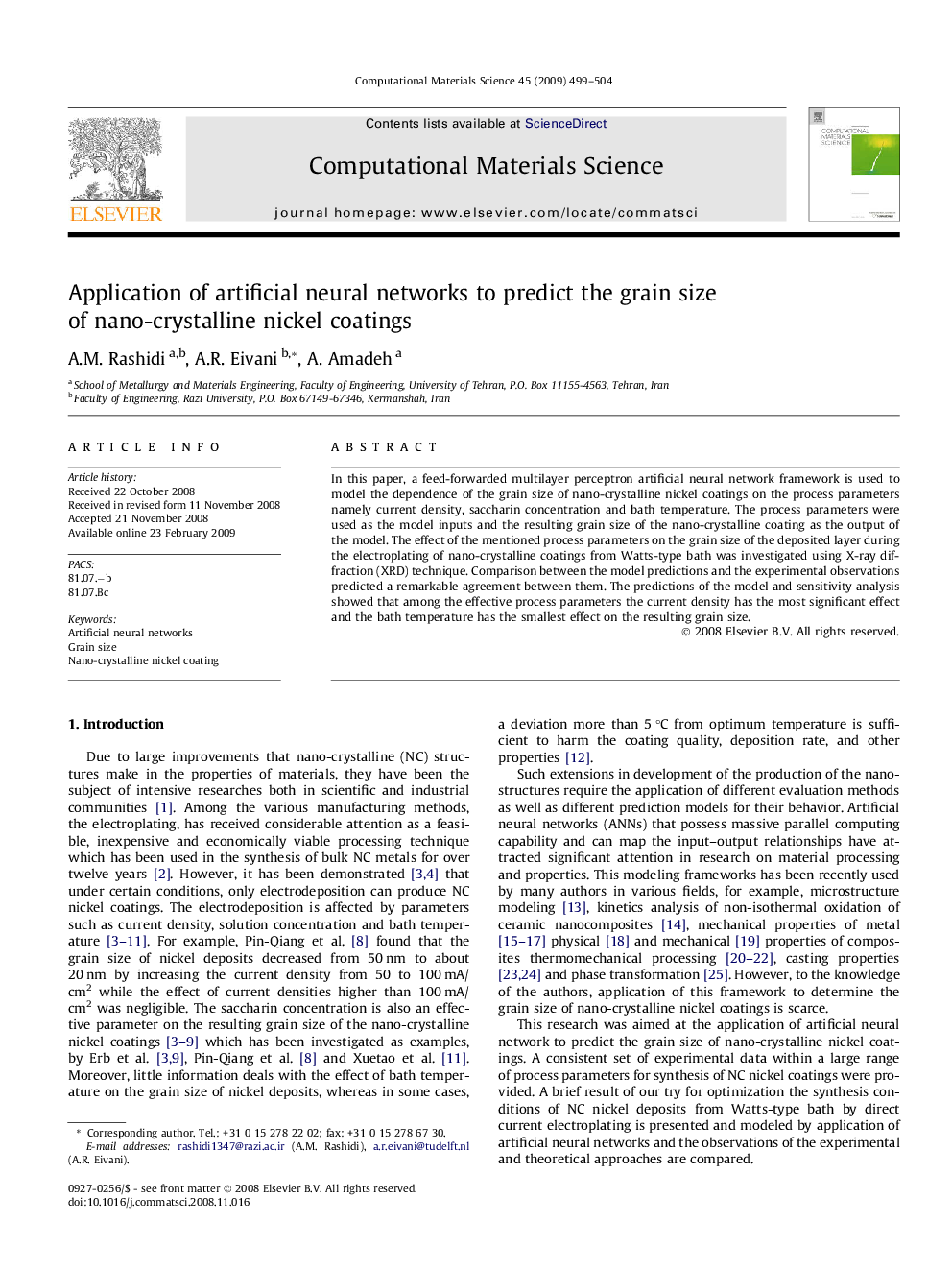 Application of artificial neural networks to predict the grain size of nano-crystalline nickel coatings