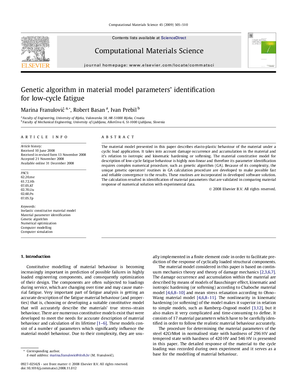 Genetic algorithm in material model parameters’ identification for low-cycle fatigue