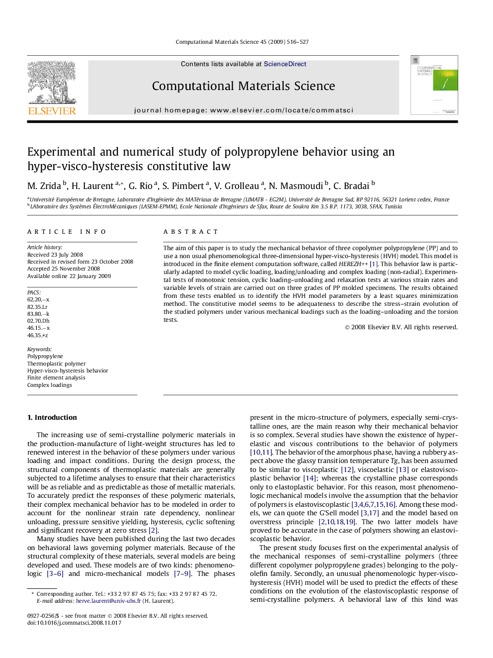 Experimental and numerical study of polypropylene behavior using an hyper-visco-hysteresis constitutive law