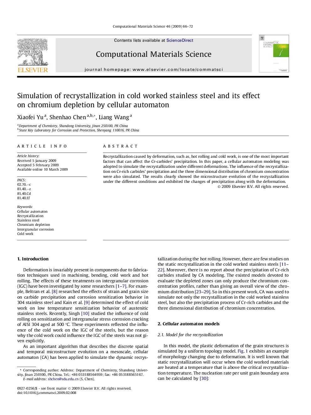 عکس صفحه اول مقاله: Simulation of recrystallization in cold worked stainless steel and its effect on chromium depletion by cellular automaton Simulation of recrystallization in cold worked stainless steel and its effect on chromium depletion by cellular automaton