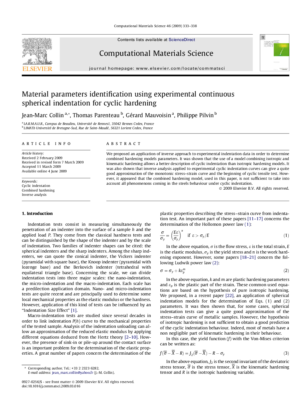 Material parameters identification using experimental continuous spherical indentation for cyclic hardening