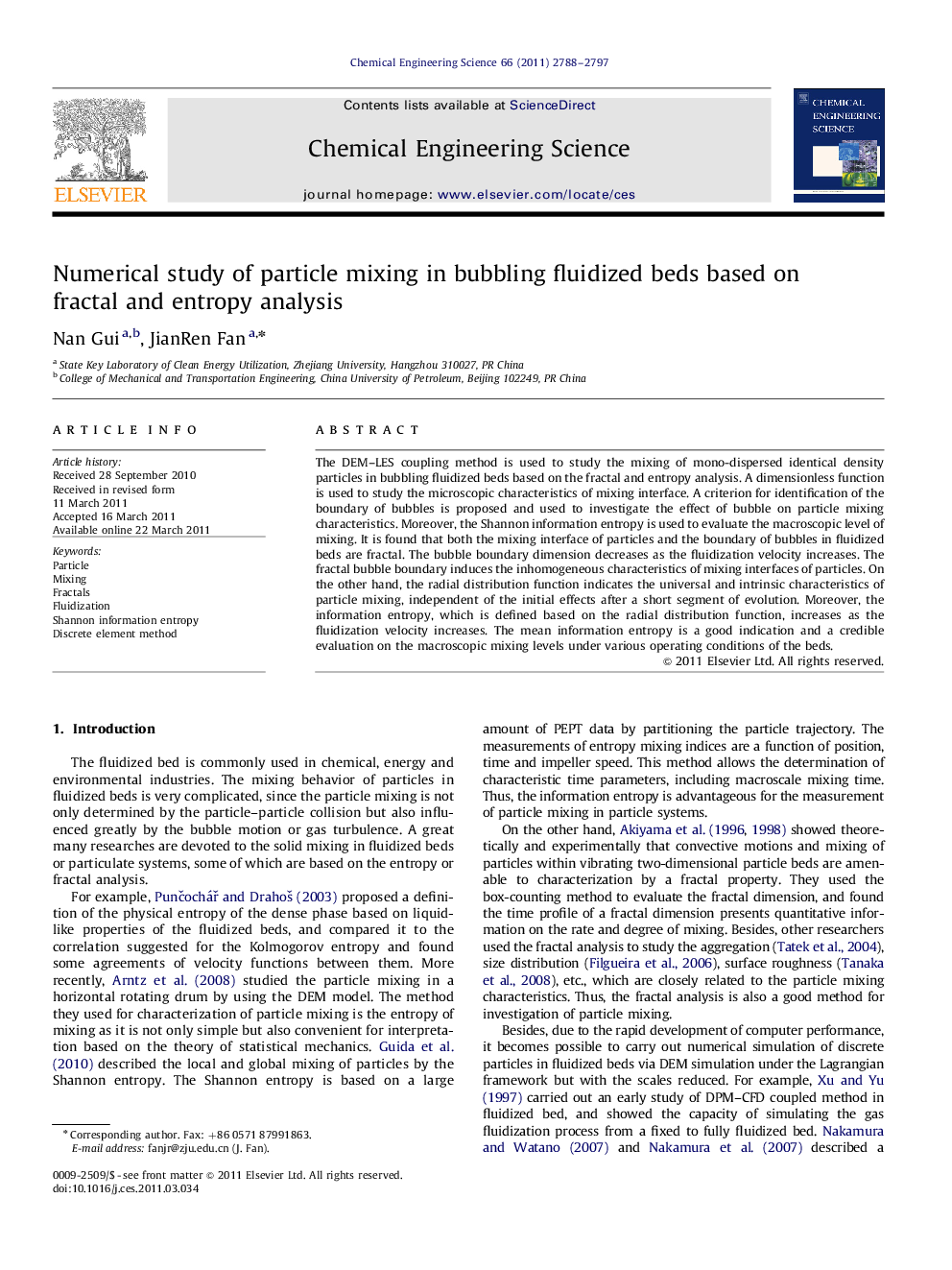 Numerical study of particle mixing in bubbling fluidized beds based on fractal and entropy analysis