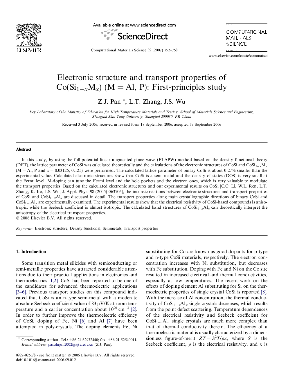 Electronic structure and transport properties of Co(Si1−xMx) (M = Al, P): First-principles study