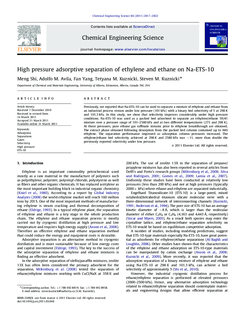 High pressure adsorptive separation of ethylene and ethane on Na-ETS-10