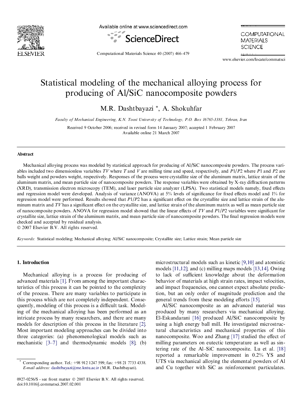 Statistical modeling of the mechanical alloying process for producing of Al/SiC nanocomposite powders