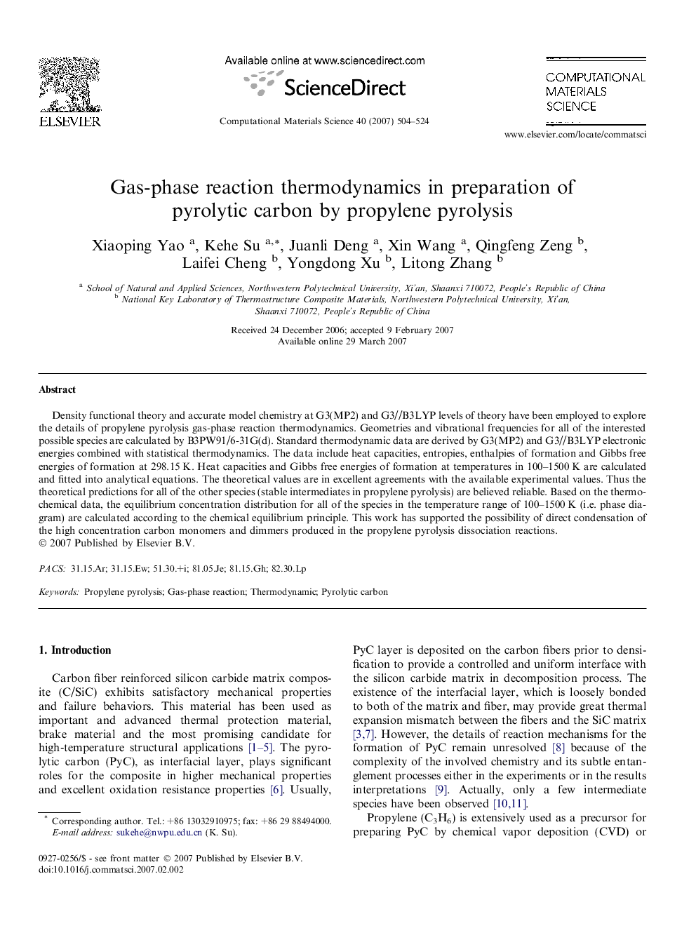 Gas-phase reaction thermodynamics in preparation of pyrolytic carbon by propylene pyrolysis