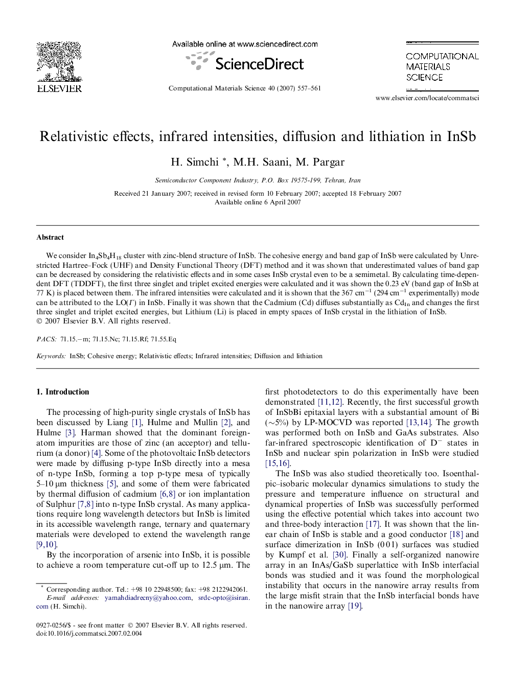 Relativistic effects, infrared intensities, diffusion and lithiation in InSb