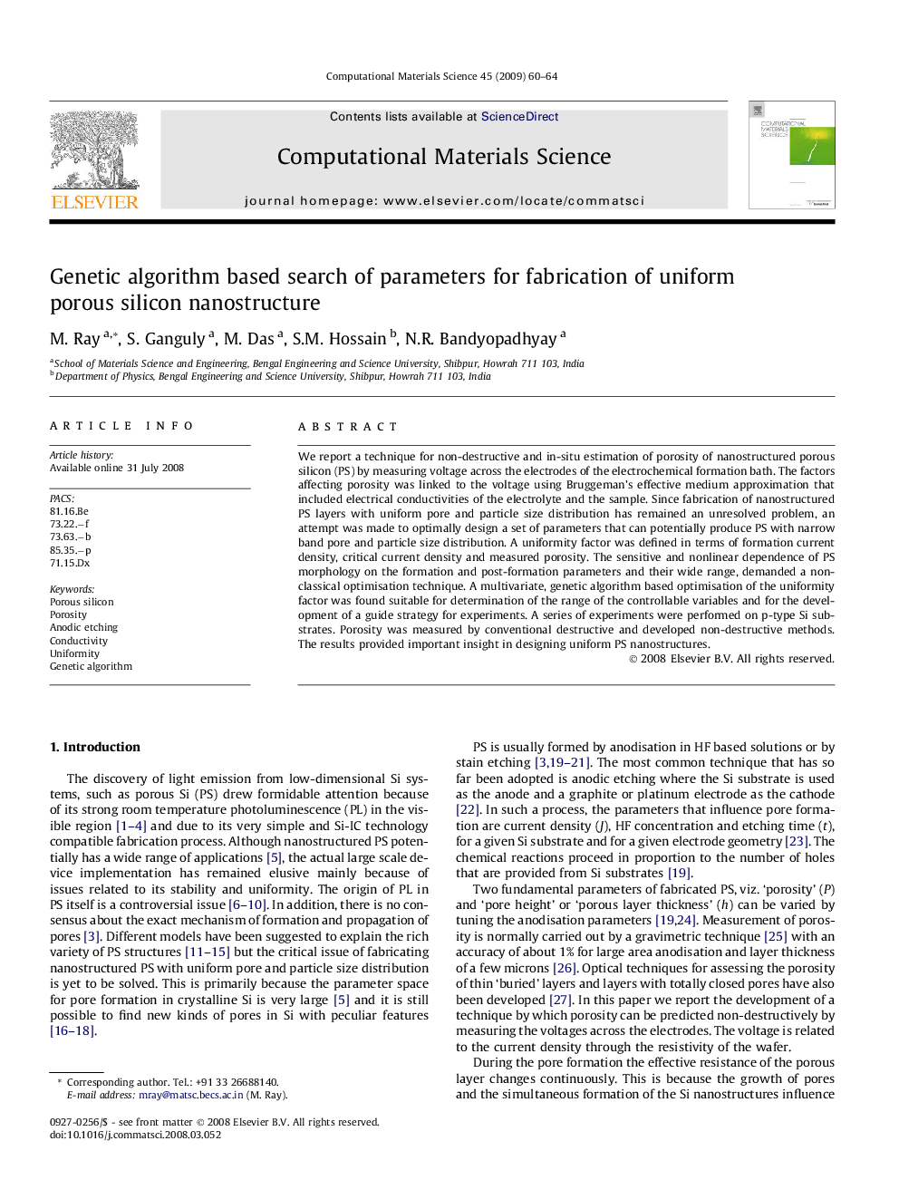 Genetic algorithm based search of parameters for fabrication of uniform porous silicon nanostructure