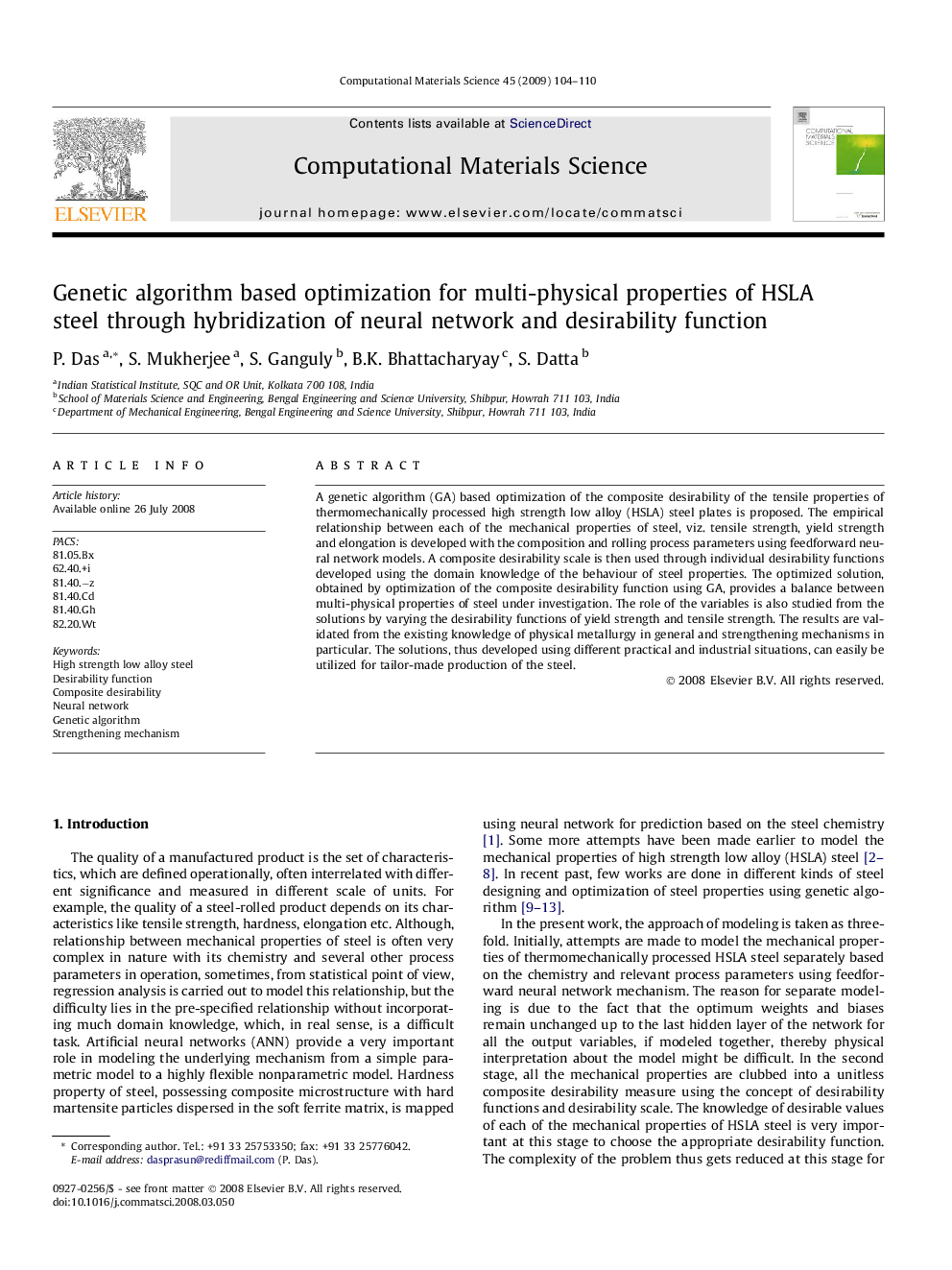 Genetic algorithm based optimization for multi-physical properties of HSLA steel through hybridization of neural network and desirability function