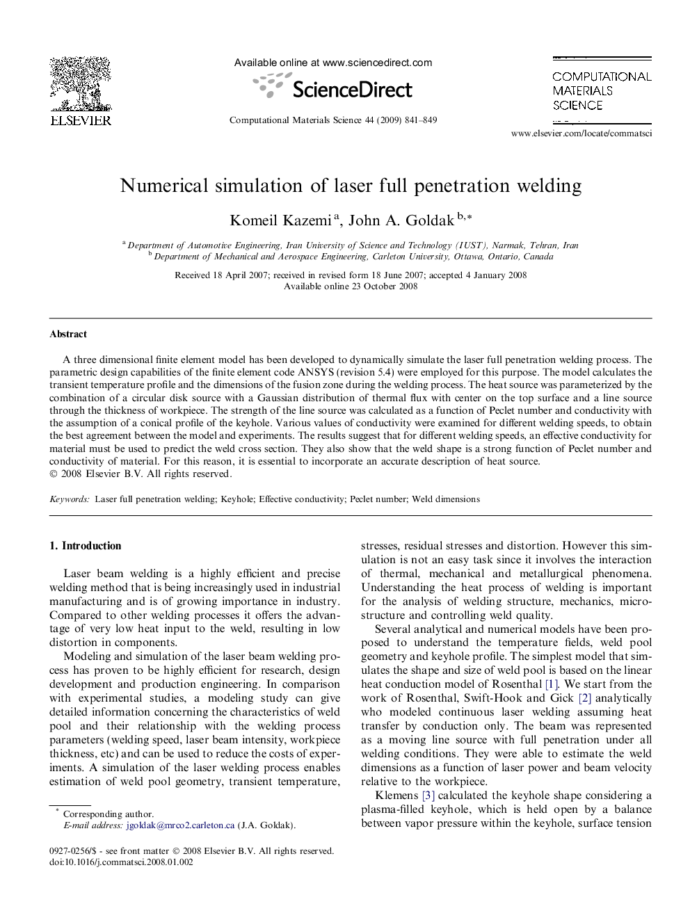 Numerical simulation of laser full penetration welding