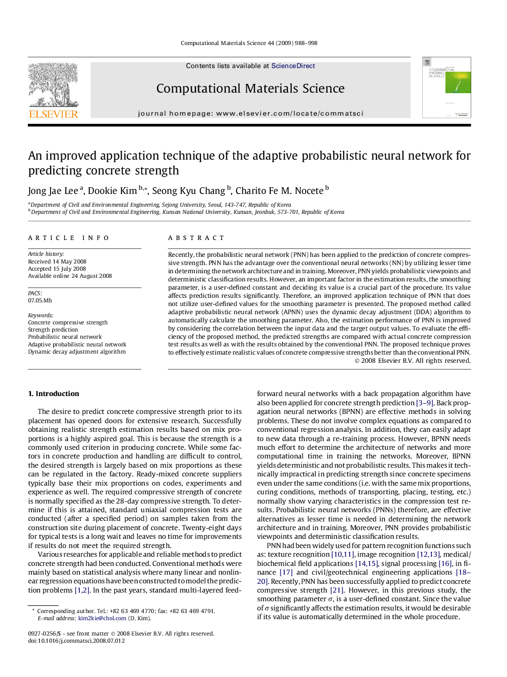 An improved application technique of the adaptive probabilistic neural network for predicting concrete strength