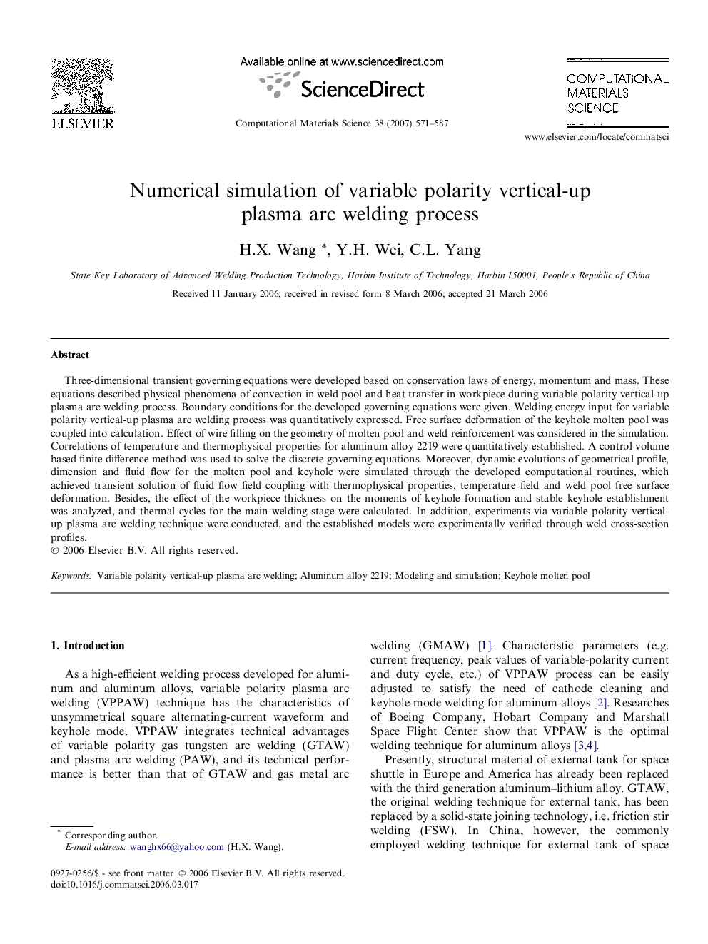 Numerical simulation of variable polarity vertical-up plasma arc welding process