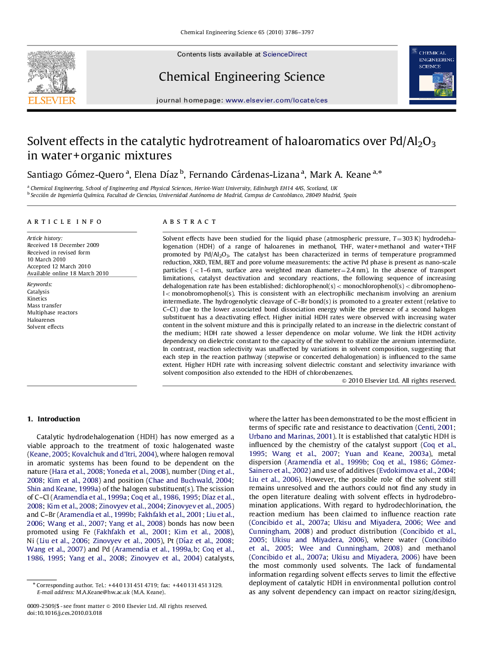 عکس صفحه اول مقاله: Solvent effects in the catalytic hydrotreament of haloaromatics over Pd/Al2O3 in water+organic mixtures Solvent effects in the catalytic hydrotreament of haloaromatics over Pd/Al2O3 in water+organic mixtures